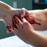 **

A medical lab technician expertly drawing blood from a patient's arm. Focus on the precision and sterile environment, showcasing modern lab equipment in the background. Include subtle lighting to emphasize professionalism and patient care.

**