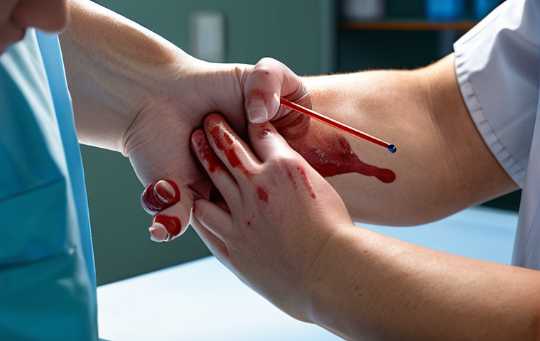 **

A medical lab technician expertly drawing blood from a patient's arm. Focus on the precision and sterile environment, showcasing modern lab equipment in the background. Include subtle lighting to emphasize professionalism and patient care.

**