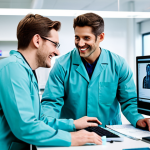 **

"A team of fully clothed lab technicians collaborating in a modern, well-lit clinical laboratory. They are discussing test results around a computer, with smiles and positive body language. Everyone is wearing appropriate attire. Focus on teamwork and communication. Safe for work, professional, family-friendly, perfect anatomy, natural proportions, appropriate content."

**