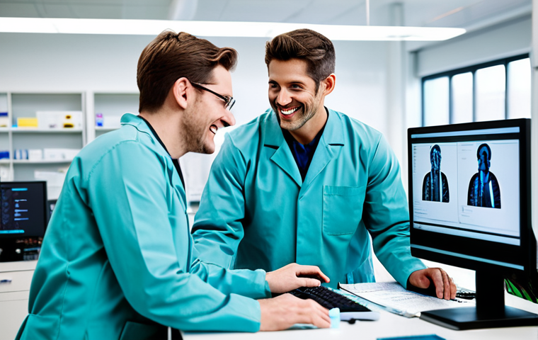 **

"A team of fully clothed lab technicians collaborating in a modern, well-lit clinical laboratory. They are discussing test results around a computer, with smiles and positive body language. Everyone is wearing appropriate attire. Focus on teamwork and communication. Safe for work, professional, family-friendly, perfect anatomy, natural proportions, appropriate content."

**