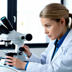 **

A professional female medical lab technician, fully clothed in a modest lab coat, analyzing samples in a bright, modern laboratory. Microscopes and lab equipment are visible in the background. Proper finger count, well-formed hands, perfect anatomy, correct proportions, natural pose, safe for work, appropriate content, family-friendly, professional.

**