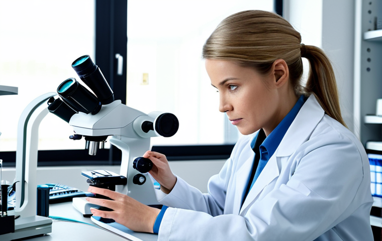 **

A professional female medical lab technician, fully clothed in a modest lab coat, analyzing samples in a bright, modern laboratory. Microscopes and lab equipment are visible in the background. Proper finger count, well-formed hands, perfect anatomy, correct proportions, natural pose, safe for work, appropriate content, family-friendly, professional.

**